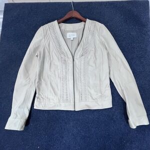 Hinge Jacket Womens Medium Beige Leather Embroidered Boho Zip Up Seattle Style
